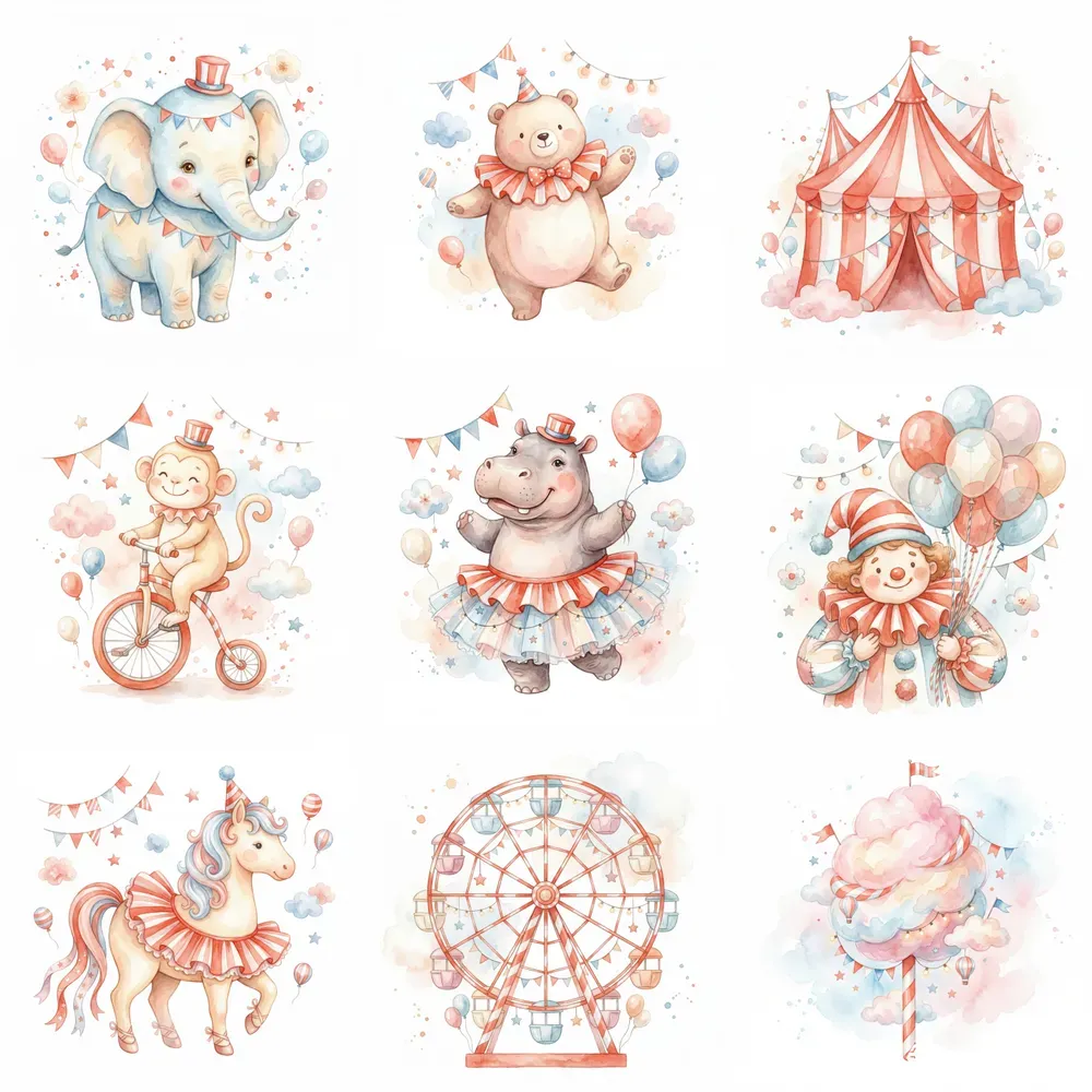 Circus Watercolor Art Nursery Clipart
