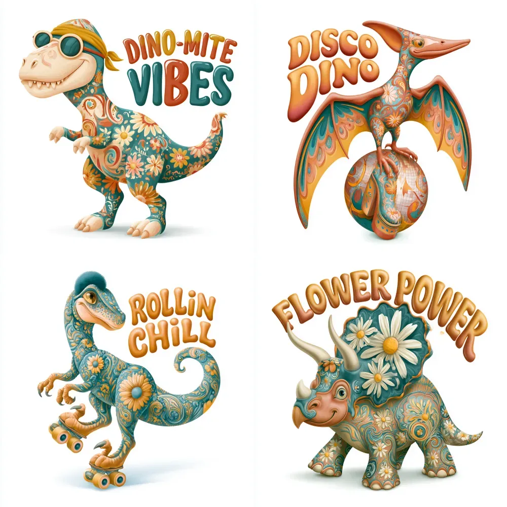 Retro Groovy Dinosaurs Clipart