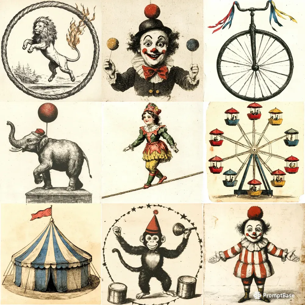 Vintage Circus Cliparts Illustrations Midjourney Prompt | PromptBase