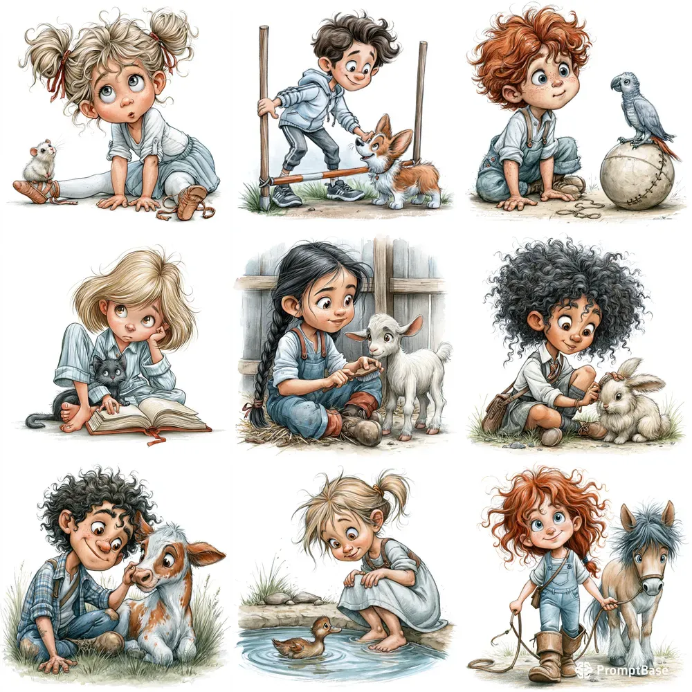 Cute Kids And Pets Clipart