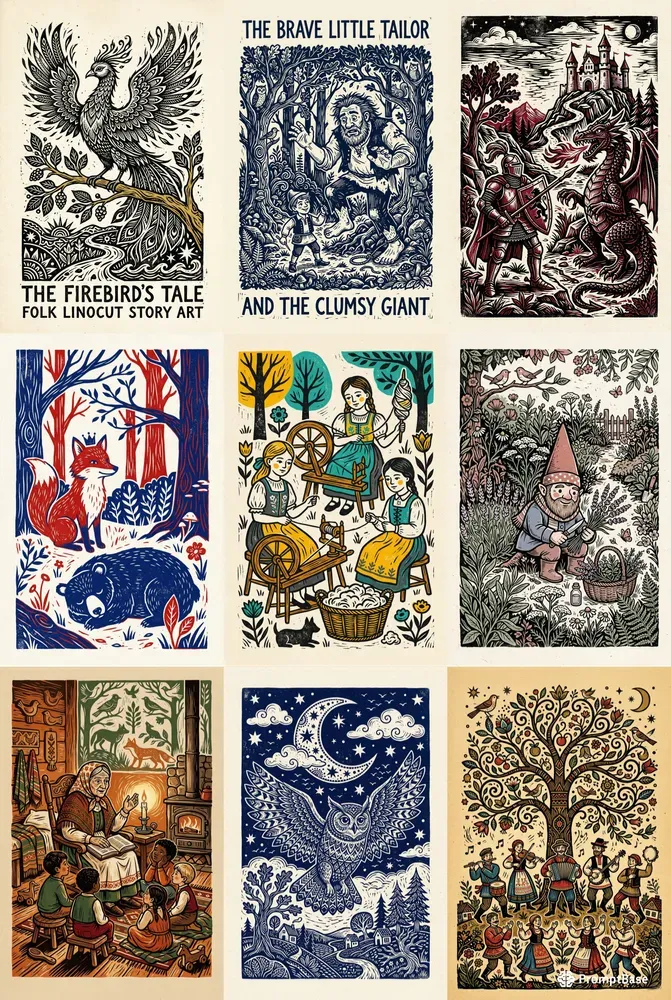 Folk Linocut Story Art