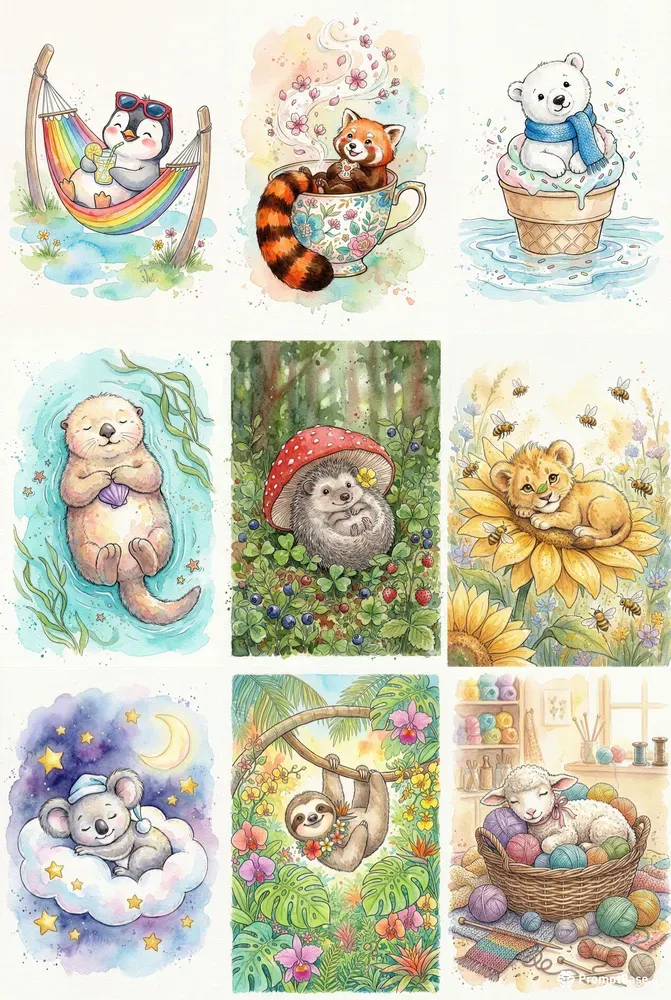 Cute Watercolor Animals Relaxing Art