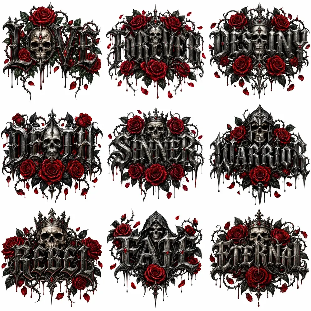 Gothic Skull Rose Words Dark Tattoos