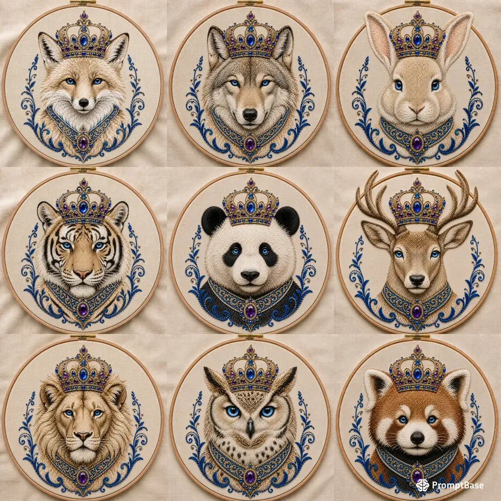 Royal Crowned Embroidery Animals Art