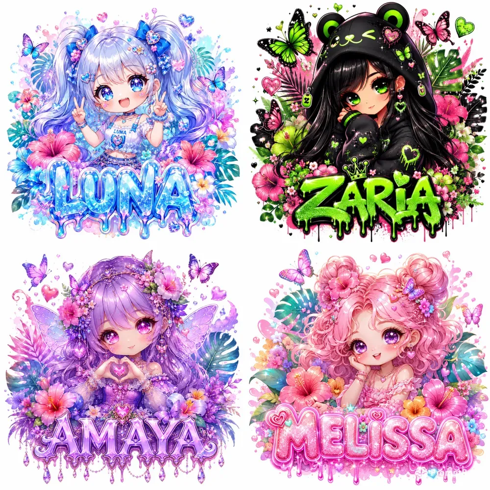 Cute Chibi Girl Floral Name Art