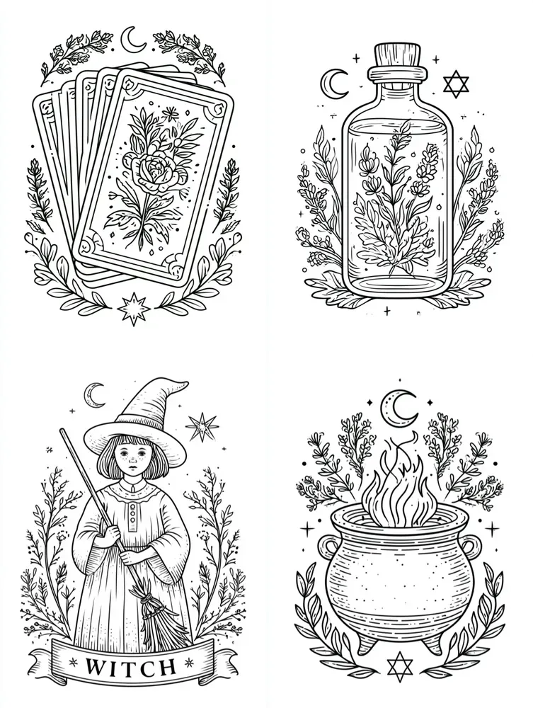 Witchy Cottagecore Line Art Clipart