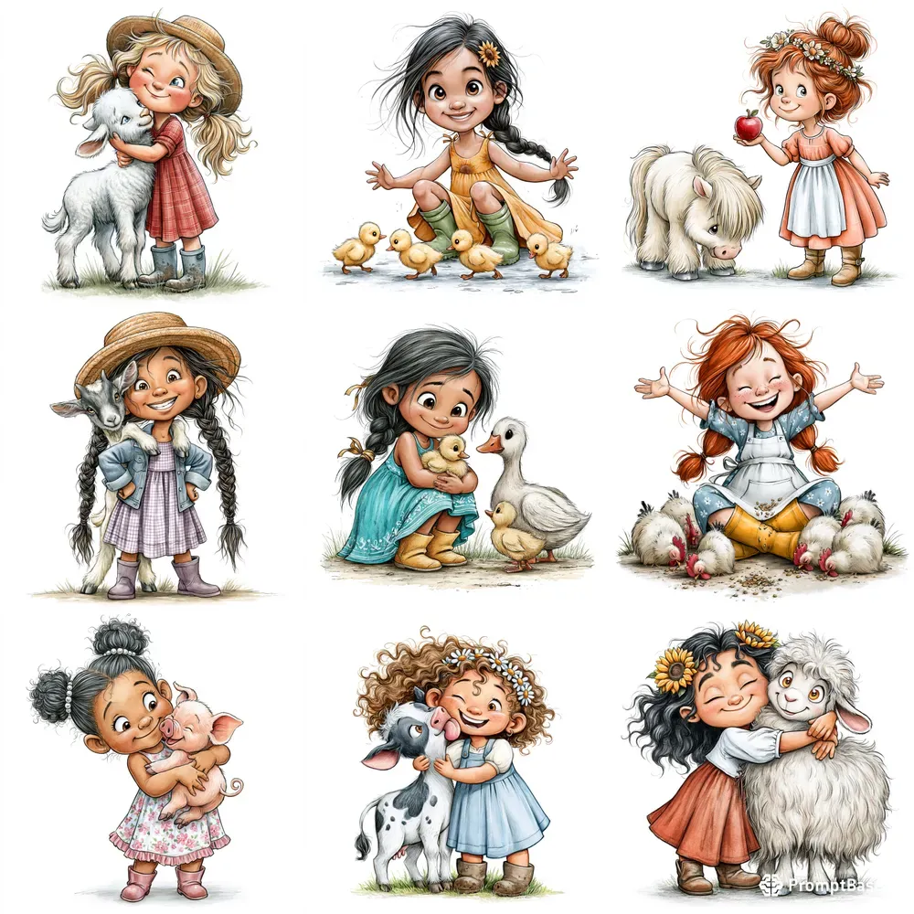 Farm Friends Cartoon Girl Clipart