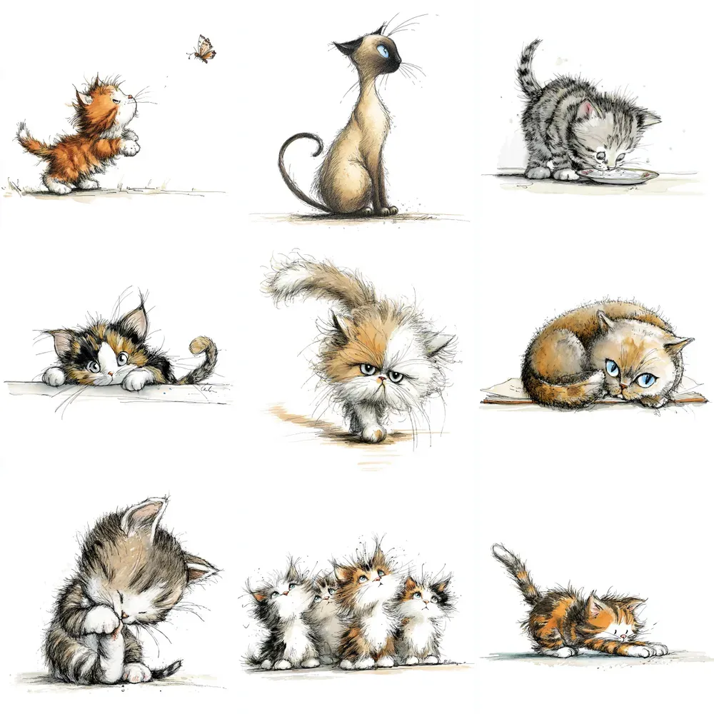 Whimsical Cats Clipart For Tshirt Designs