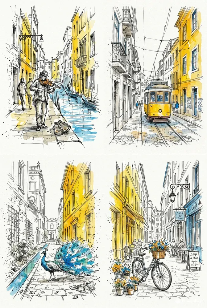 Vibrant Urban Ink Sketch Watercolor Art
