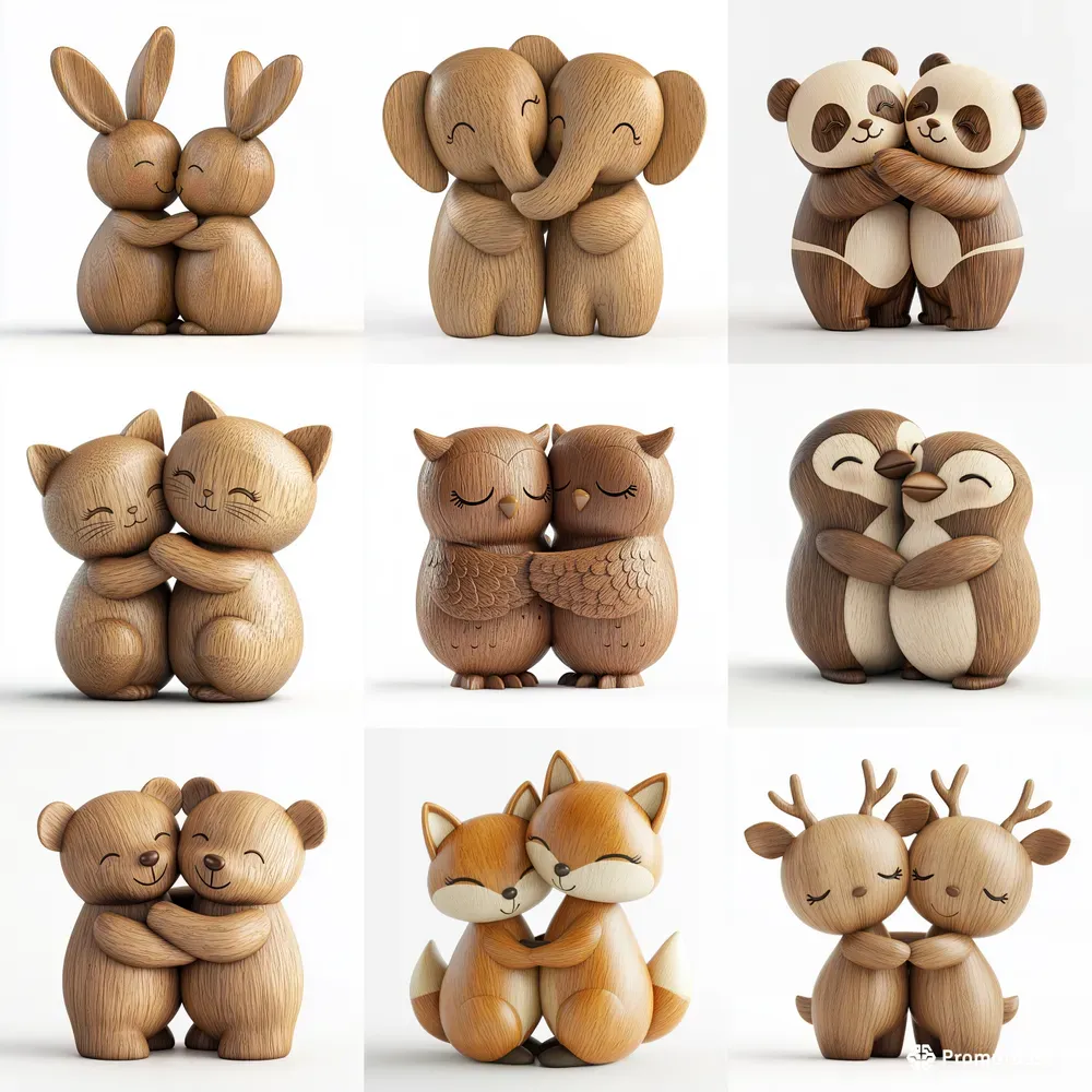 Adorable Wooden Animals Hugging Figurines