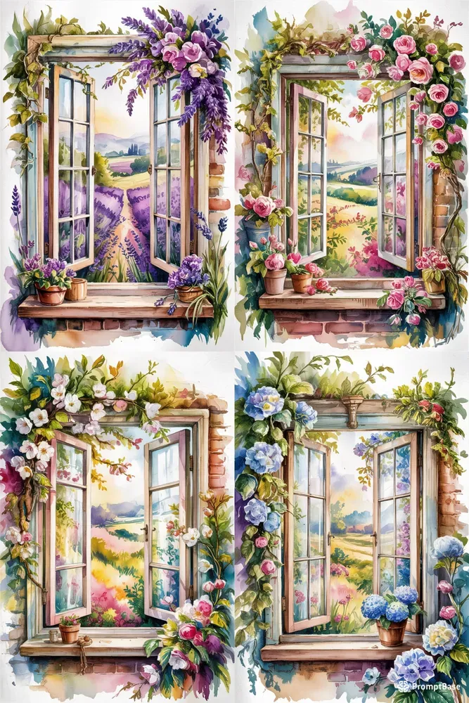Vintage Window With Flowers Illustrations