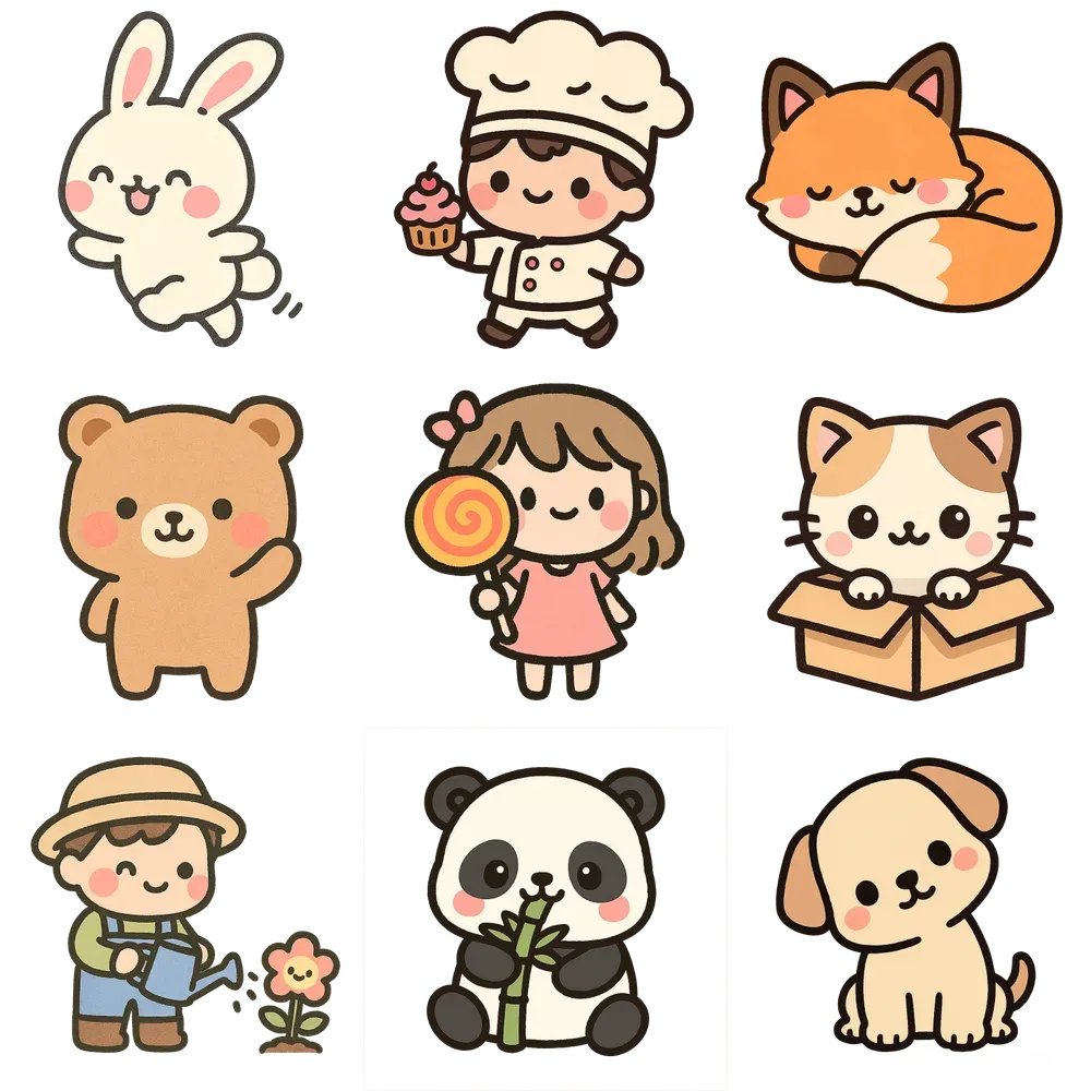 Kawaii Papercraft Sticker Illustrations