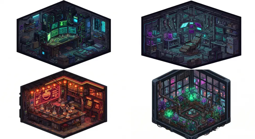 Isometric Cyberpunk Pixel Art Rooms