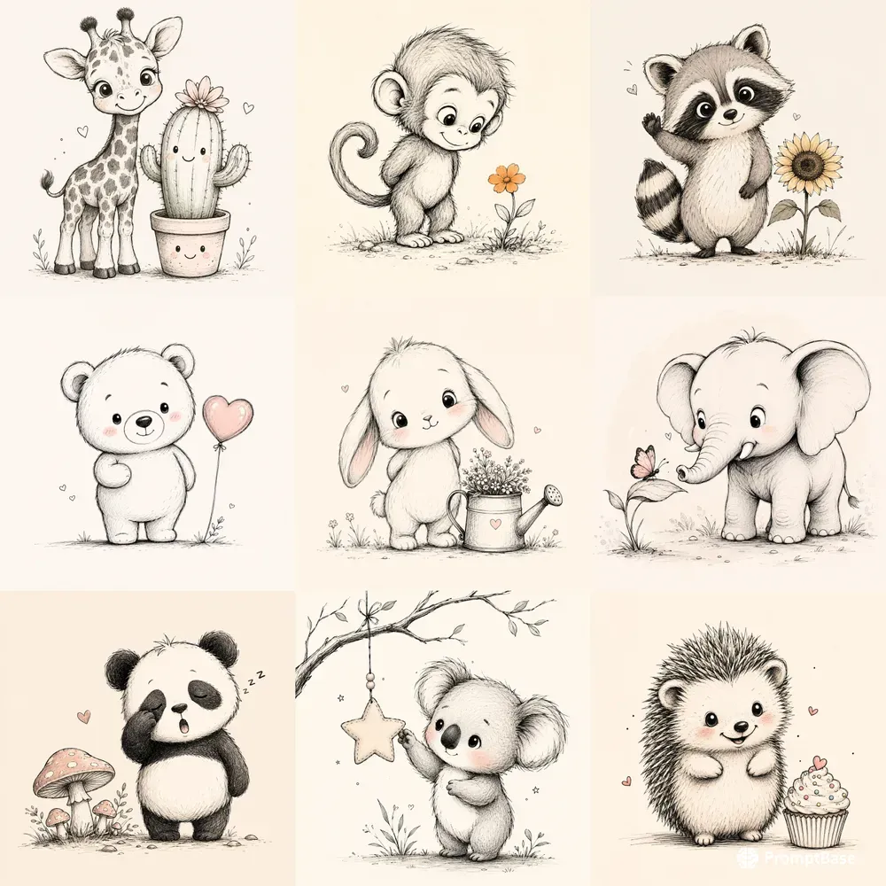 Cute Minimal Animal Sketch Characters