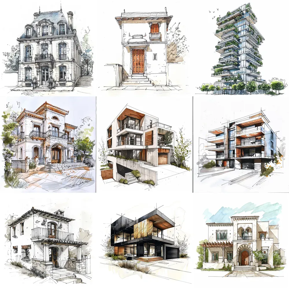 Marker-Style Architectural Sketches