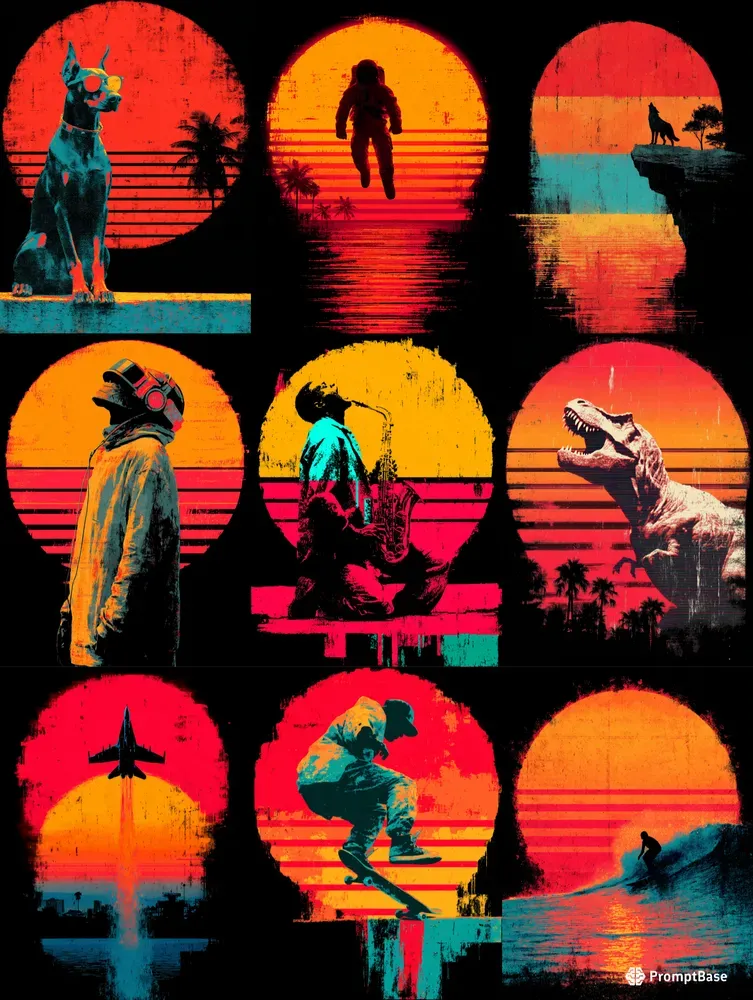 Retro 80s Synthwave Sunset Tshirt Packs