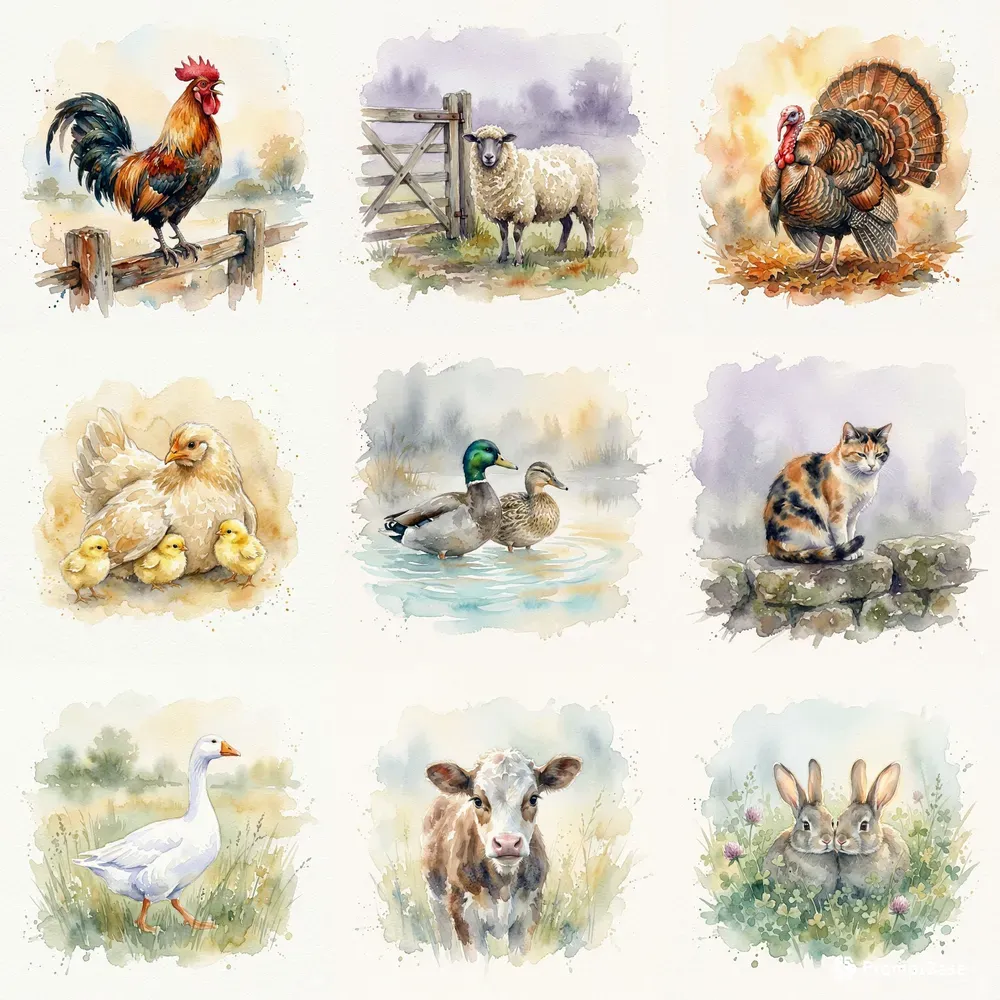 Rustic Morning Watercolor Animals