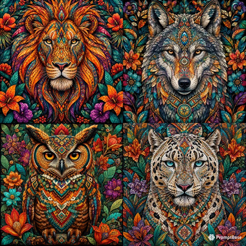 Vibrant Tribal Animal Mosaic Masterpieces