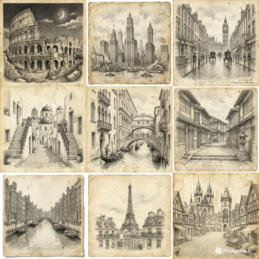 Vintage Pencil Sketch City Scenes
