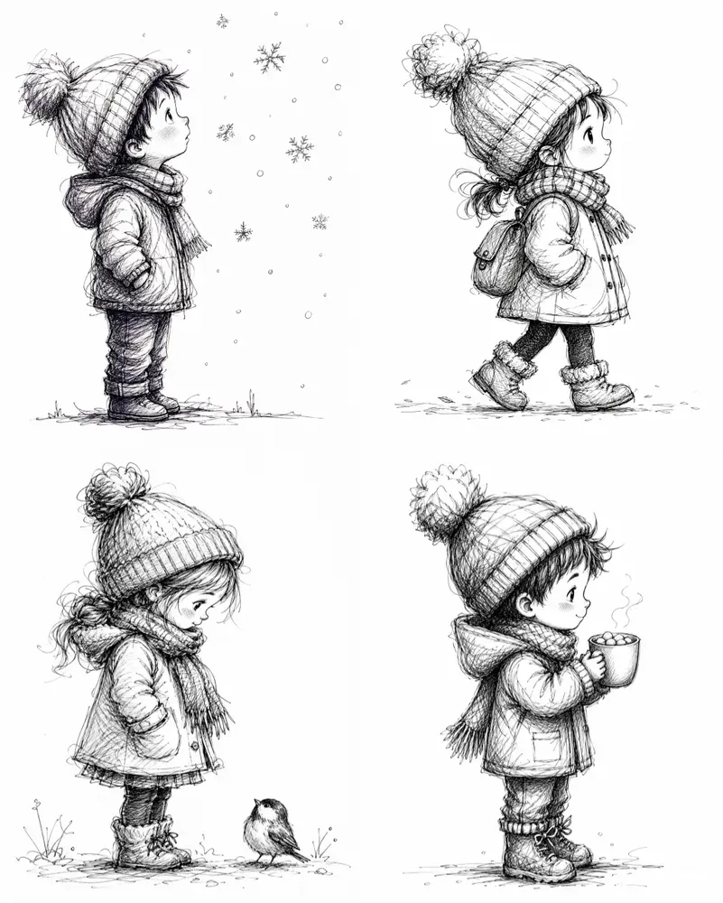 Whimsical Sketchy Winter Child Characters