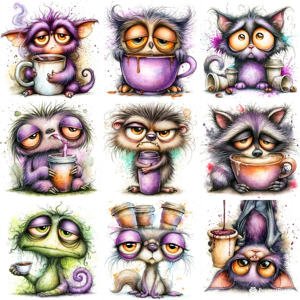Coffee Monster Watercolor Caricatures