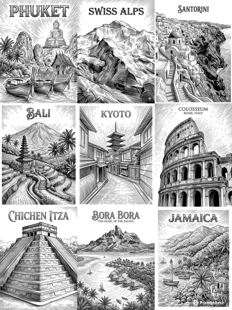 Black White Etched Travel Posters