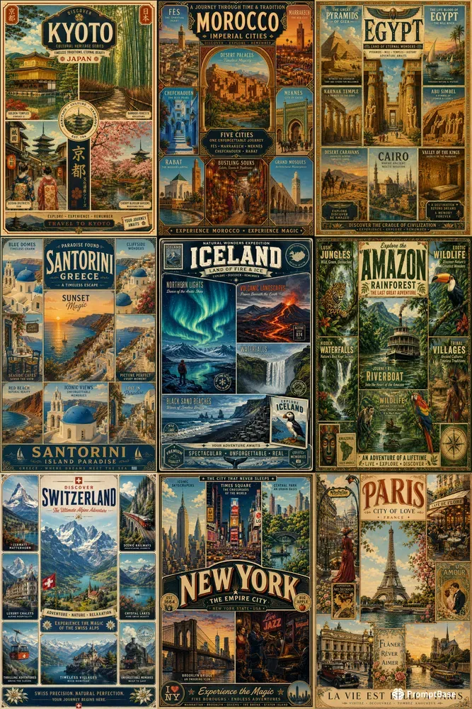 Vintage Travel Poster Grid Designs