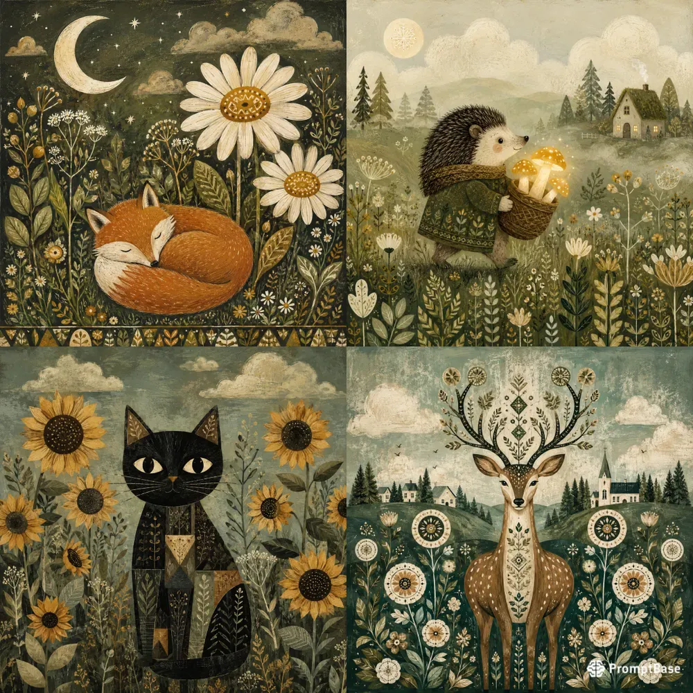 Whimsical Folkart Animal Illustrations