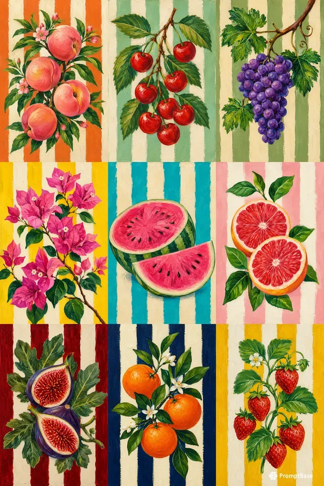 Striped Botanical Acrylic Paintings