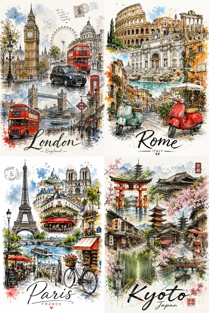 Vintage Travel Sketch City Posters