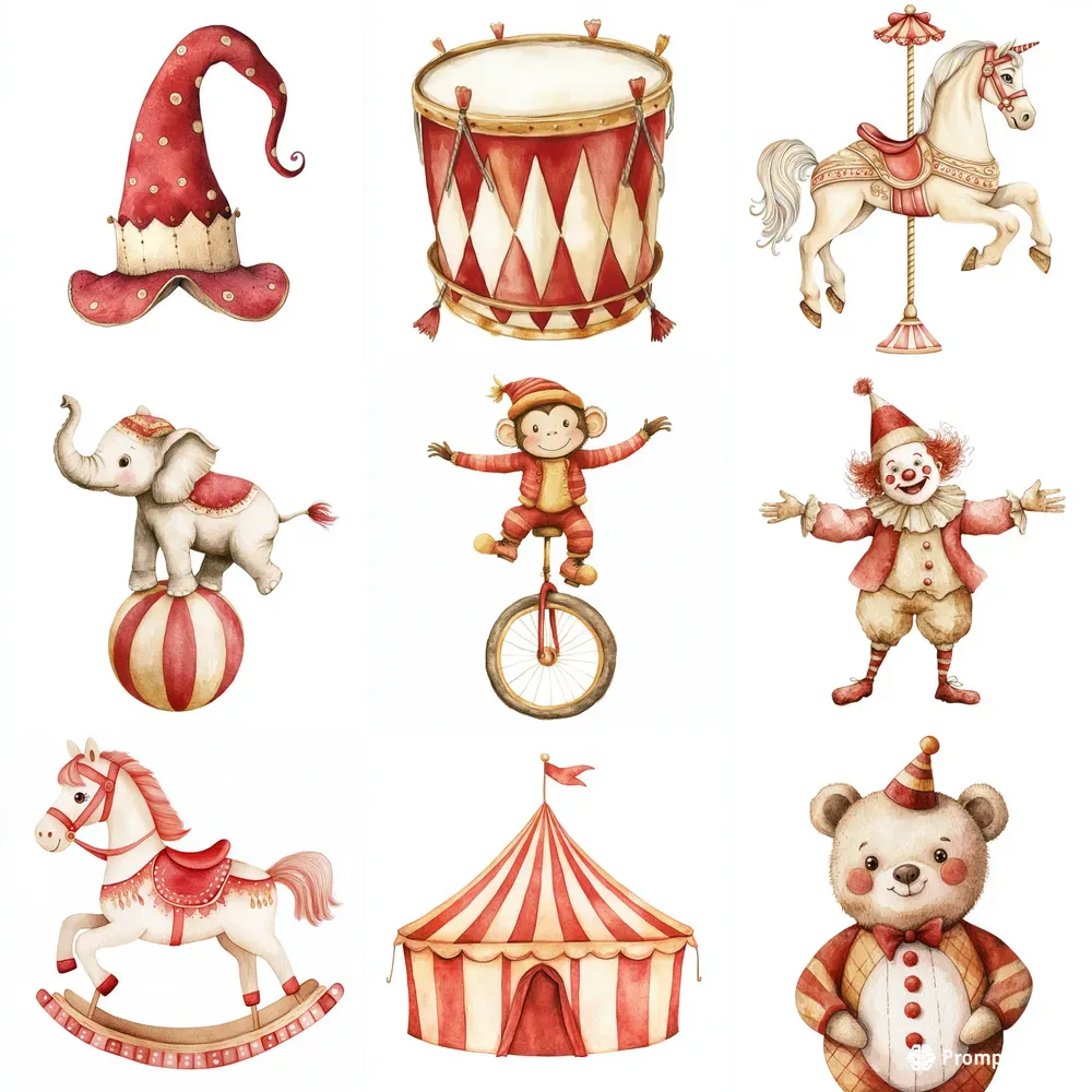 Cute Circus Party Watercolor Cliparts Midjourney Prompt | PromptBase