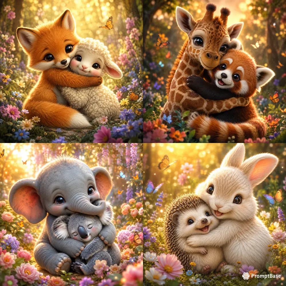 Whimsical Baby Animal Hug Portrait Art