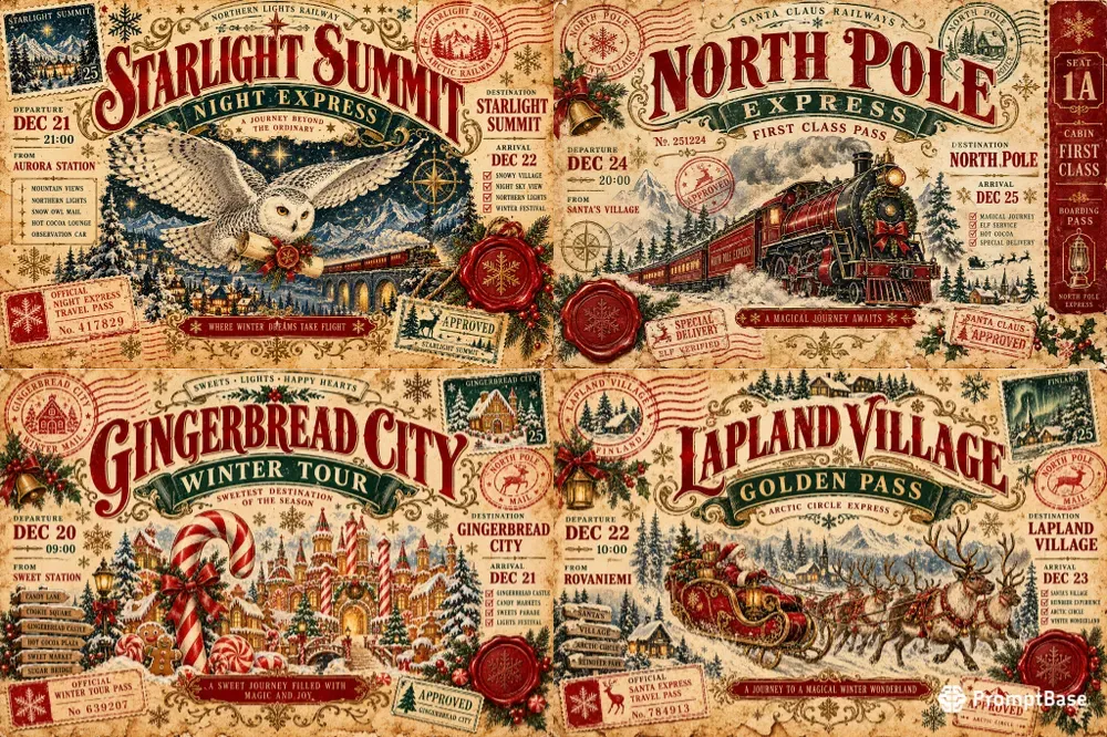 Vintage Christmas Travel Ticket Labels