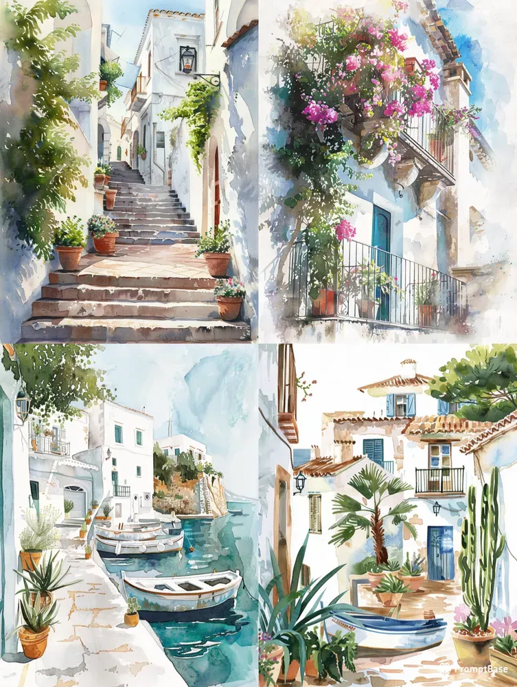 Mediterranean Watercolor Villages
