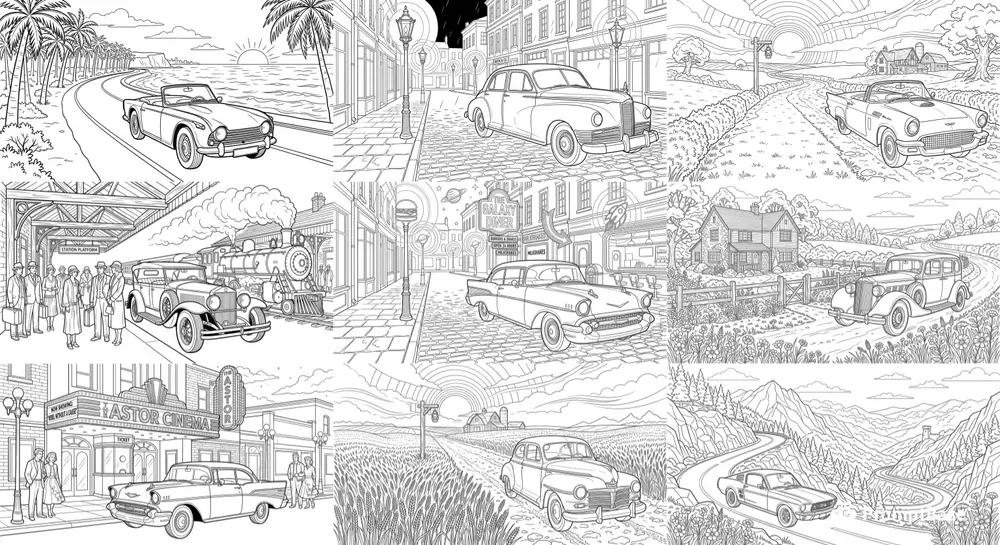 Vintage Cars Coloring Art