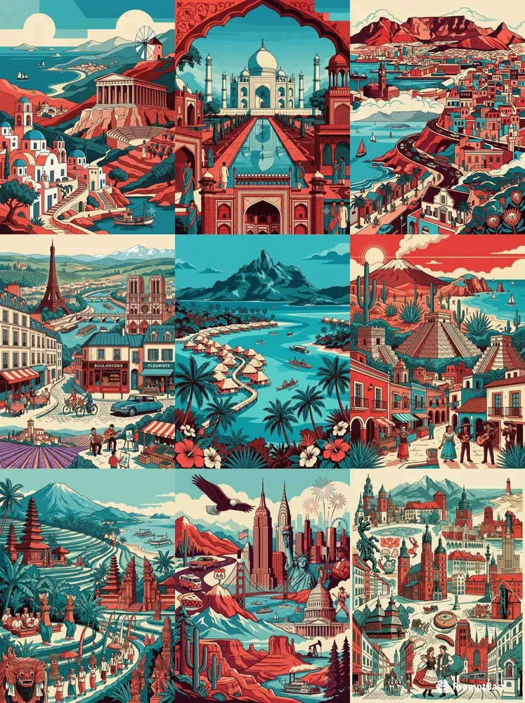 Retro Red Teal Travel Posters