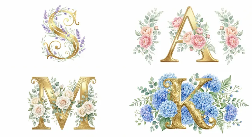 Ornate Gold Foil Floral Monogram Letters