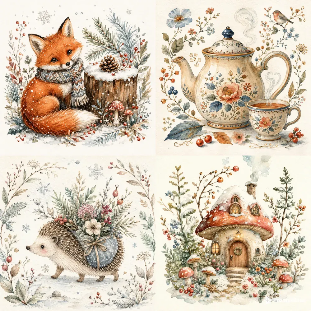 Whimsical Winter Watercolor Folk Art