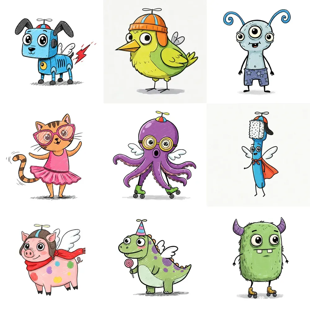 Childlike Crayon Sketch Characters