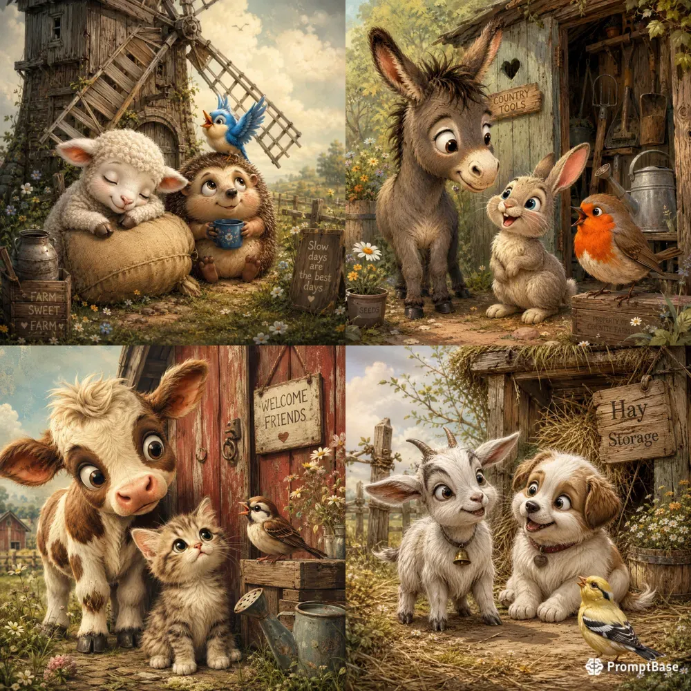 Whimsical Farmyard Animal Portraits