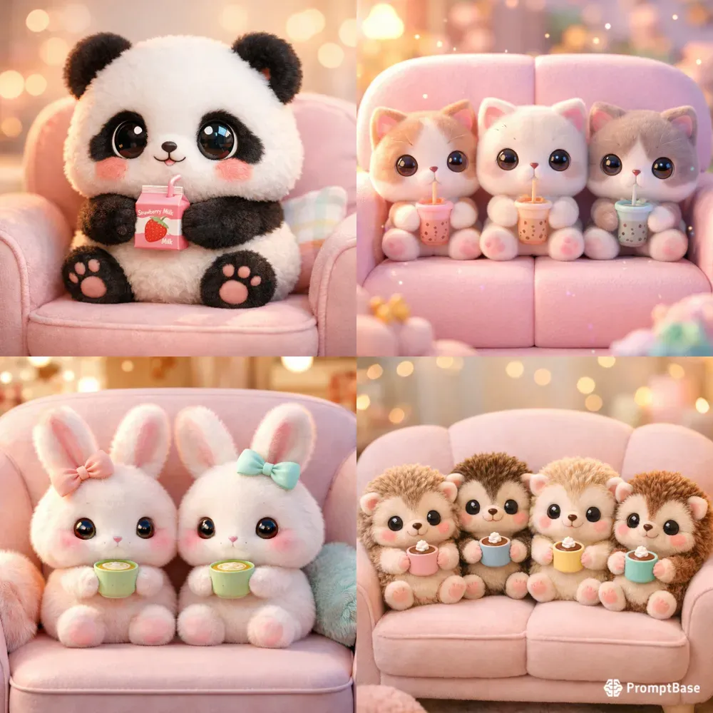 Kawaii Plush Animals With Cute Drinks