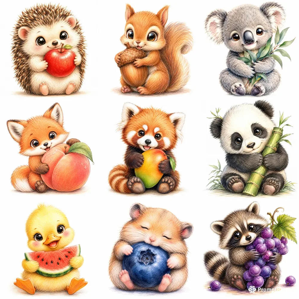 Cute Animal Fruit Friends Handdrawn