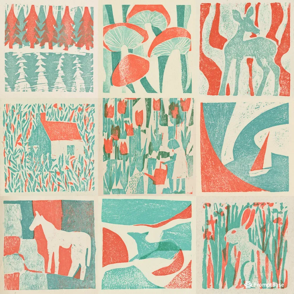 Vintage Twocolor Linocut Scenes