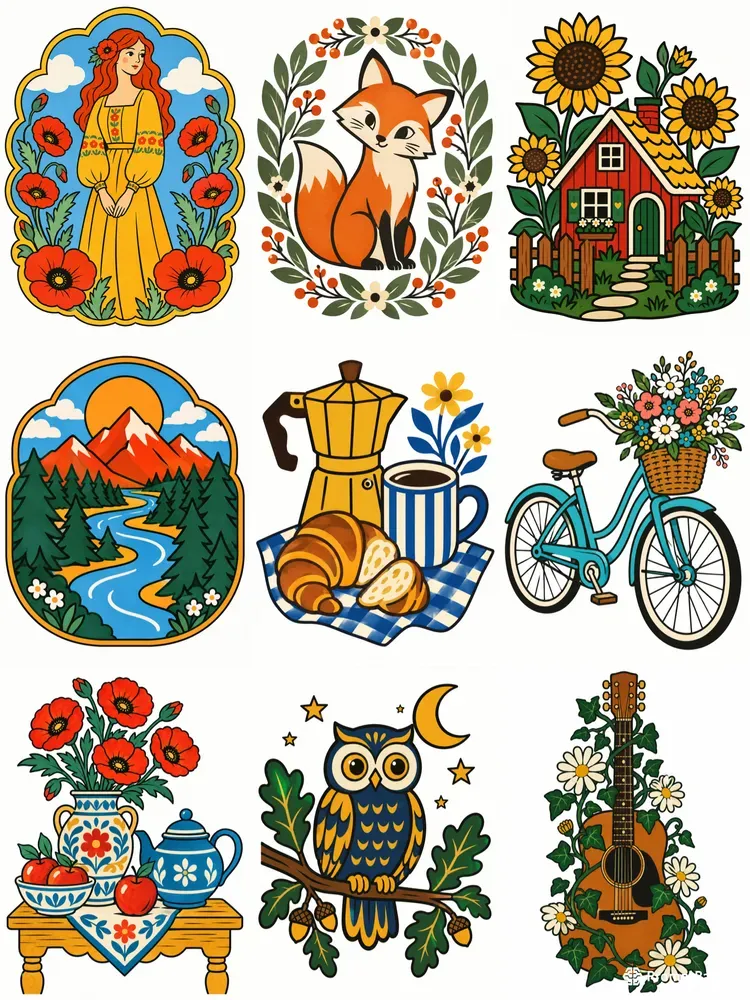 Retro Bold Line Folk Vector Art