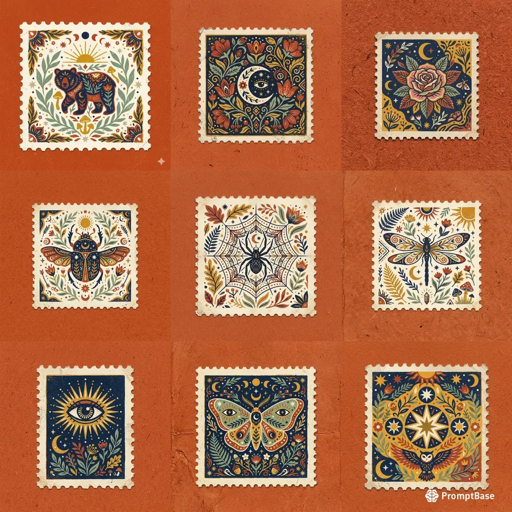 Mystic Nature Folk Art Postage Stamps
