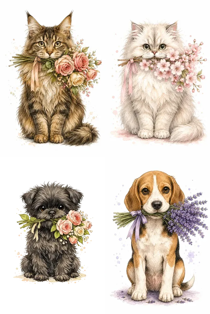 Adorable Watercolor Pet Bouquet Clipart