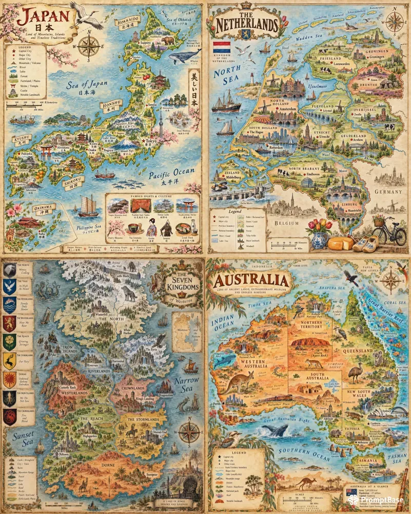 Vintage Illustrated Educational Map Gens