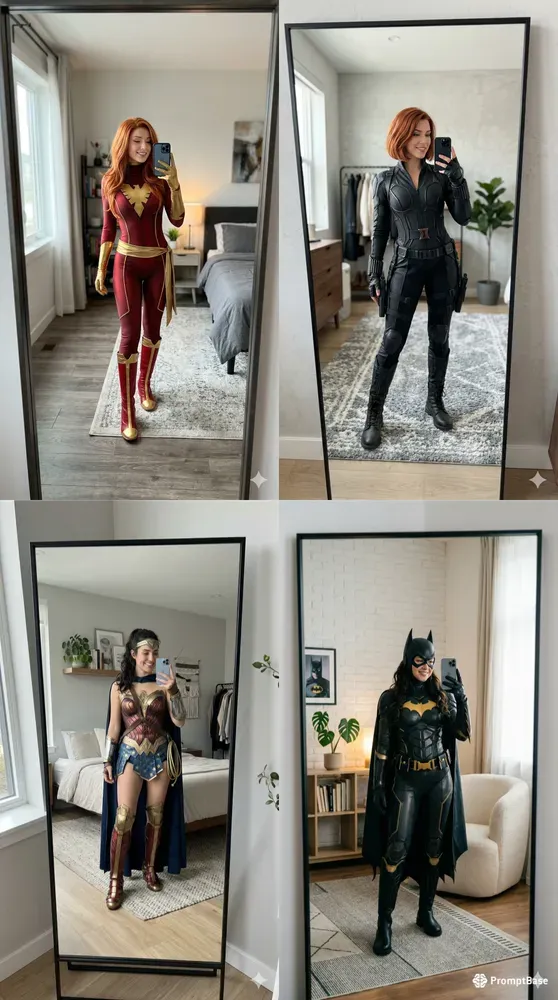 Female Superhero Cosplay Mirror Selfies