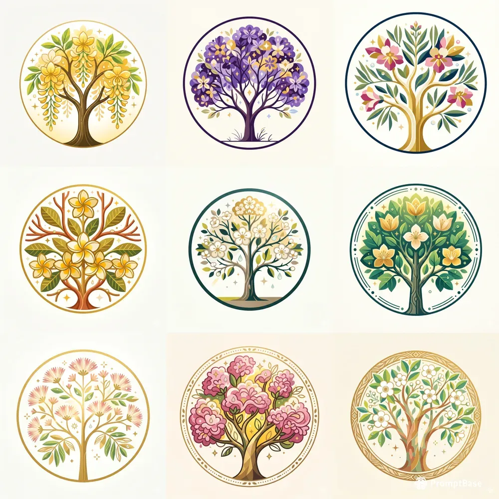 Modern Summer Blooming Tree Emblems