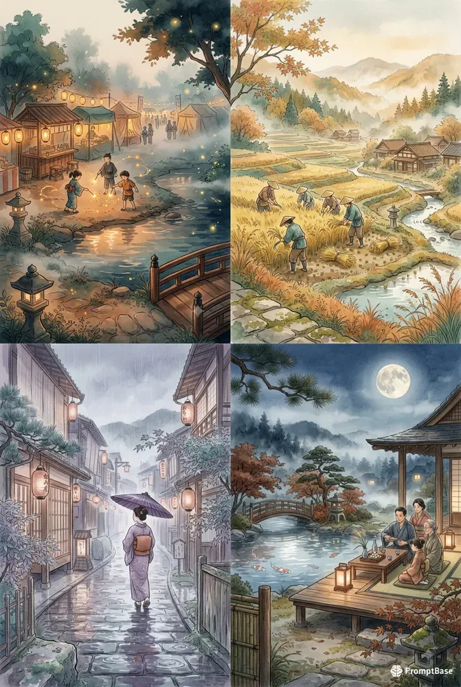 Cinematic Japanese Scene Watercolors